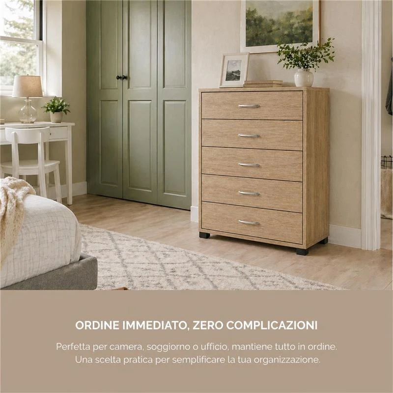 CASSETTIERA 5 CASSETTI IN LEGNO CON PIANO D'APPOGGIO COLORE ROVERE DIMENSIONI 68X40X101CM - Image 8