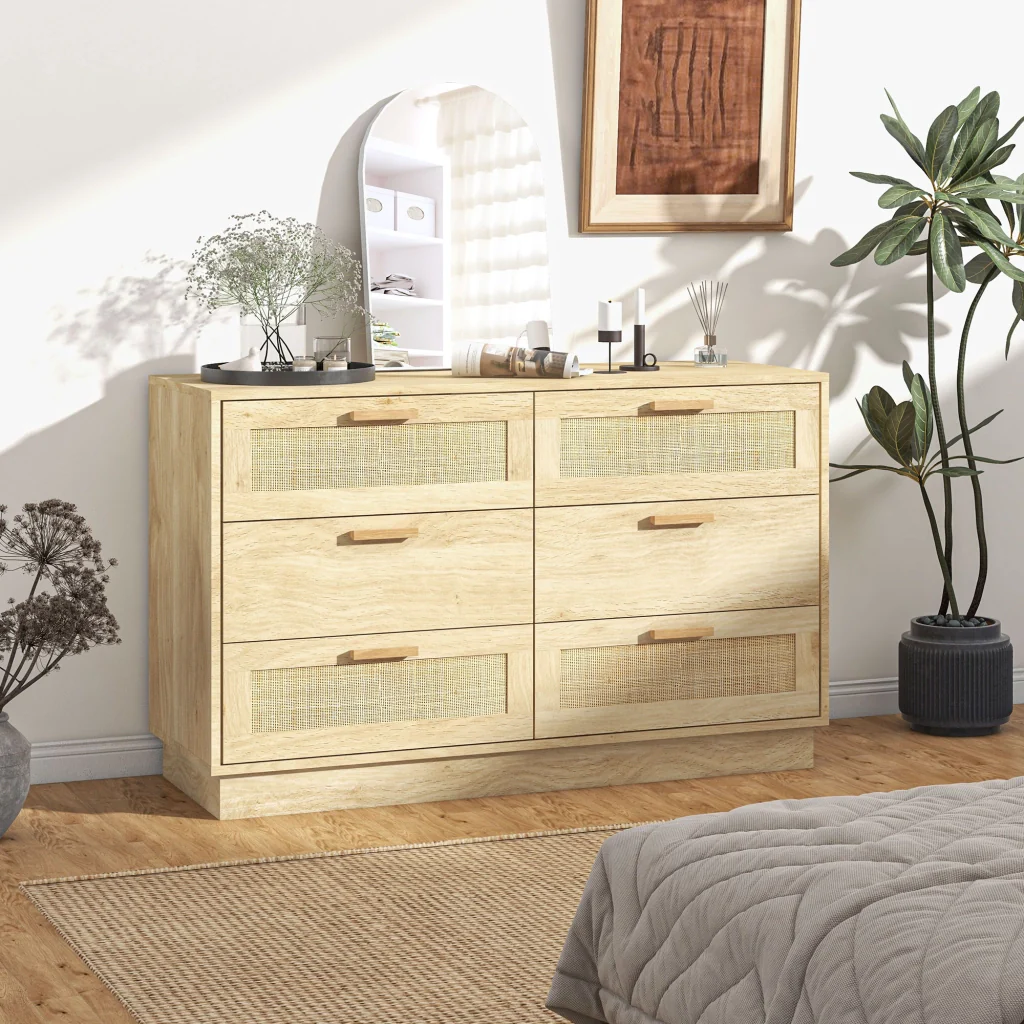 Cassettiera 6 Cassetti Stile Boho 110x40x69 cm in Legno e Rattan Rovere - Image 2