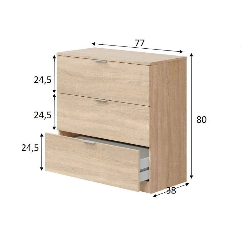 Cassettiera Garbino, Cassettiera camera da letto , Settimino a 3 cassetti, 77x38h80 cm, Rovere - Image 3