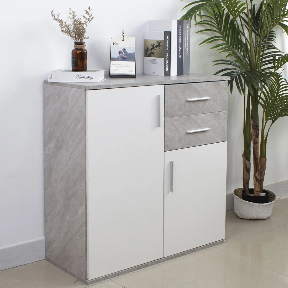 Cassettiera Mobile Armadietto 2 Porte 2 Cassetti Design Moderno Cemento e Bianco - Image 4