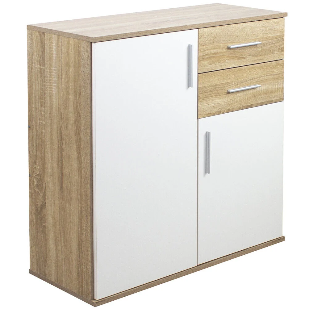 Cassettiera Mobile Armadietto 2 Porte 2 Cassetti Design Moderno Quercia e Bianco - Image 3