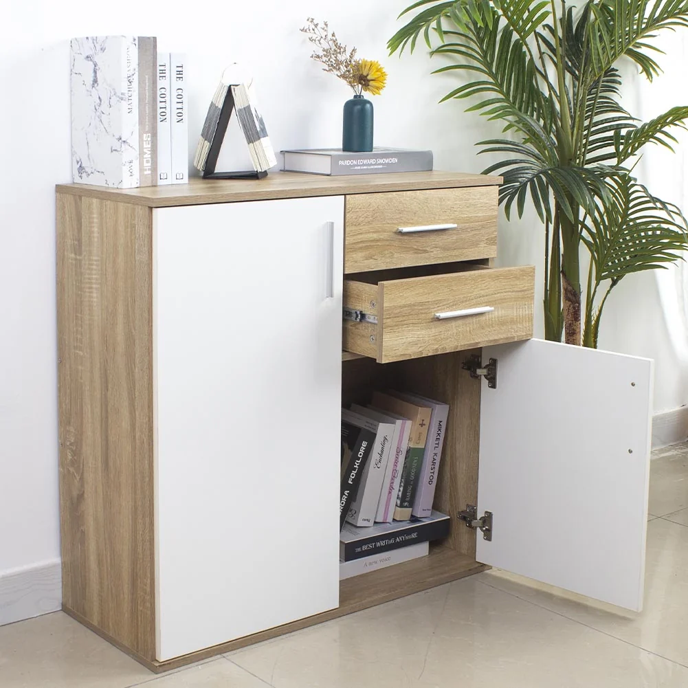 Cassettiera Mobile Armadietto 2 Porte 2 Cassetti Design Moderno Quercia e Bianco - Image 8