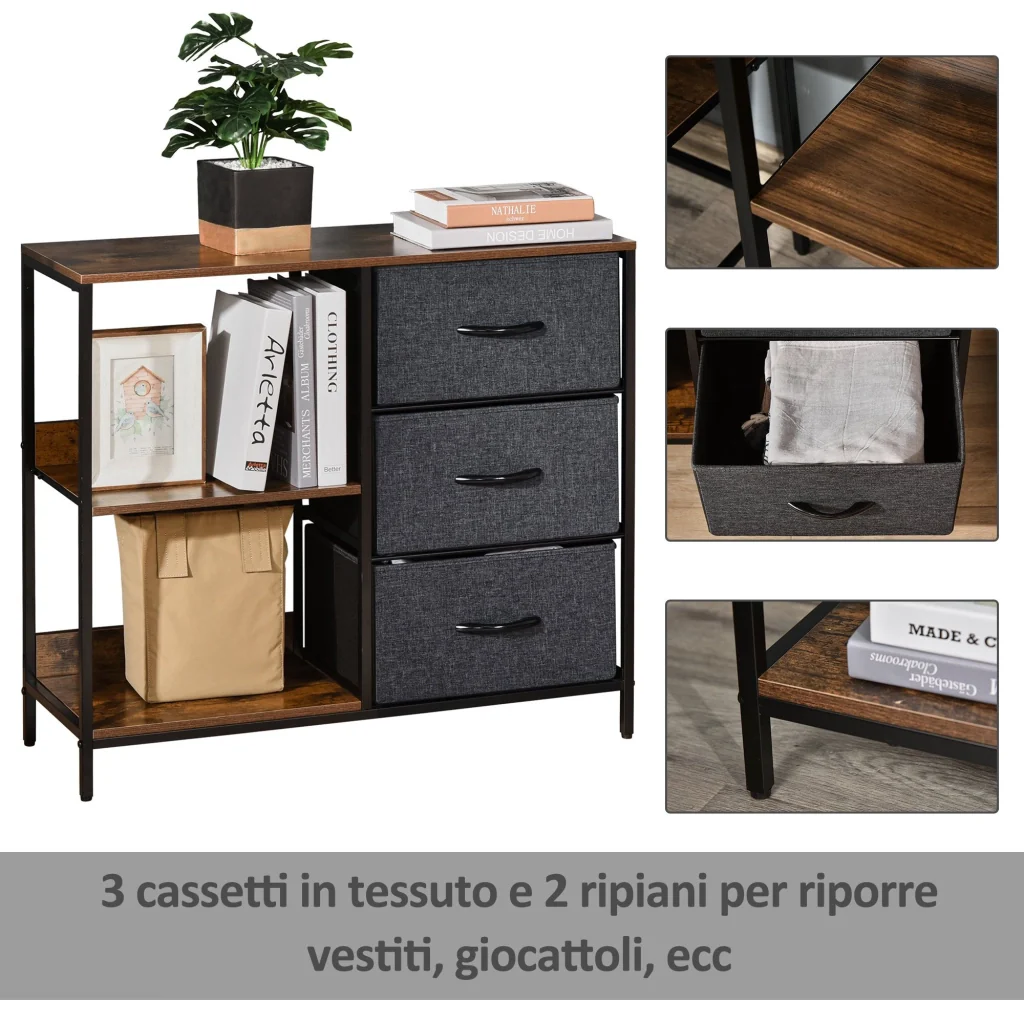 Cassettiera Multiuso con 3 Cassetti in Tessuto 80x29x71 cm Marrone - Image 5