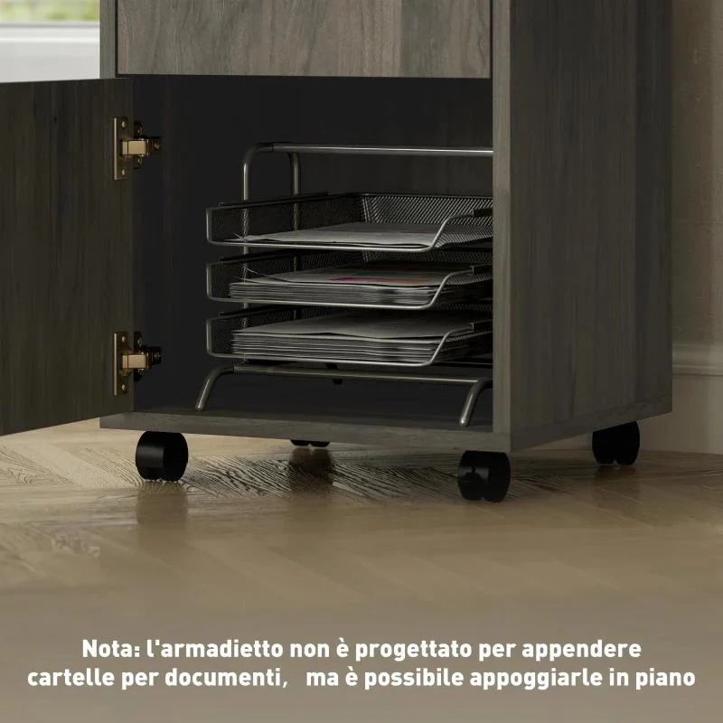 CASSETTIERA PORTADOCUMENTI A 4 RUOTE CON RIPIANO APERTO E CASSETTI, IN LEGNO E METALLO, 40X35X60 CM, GRIGIO - Image 3