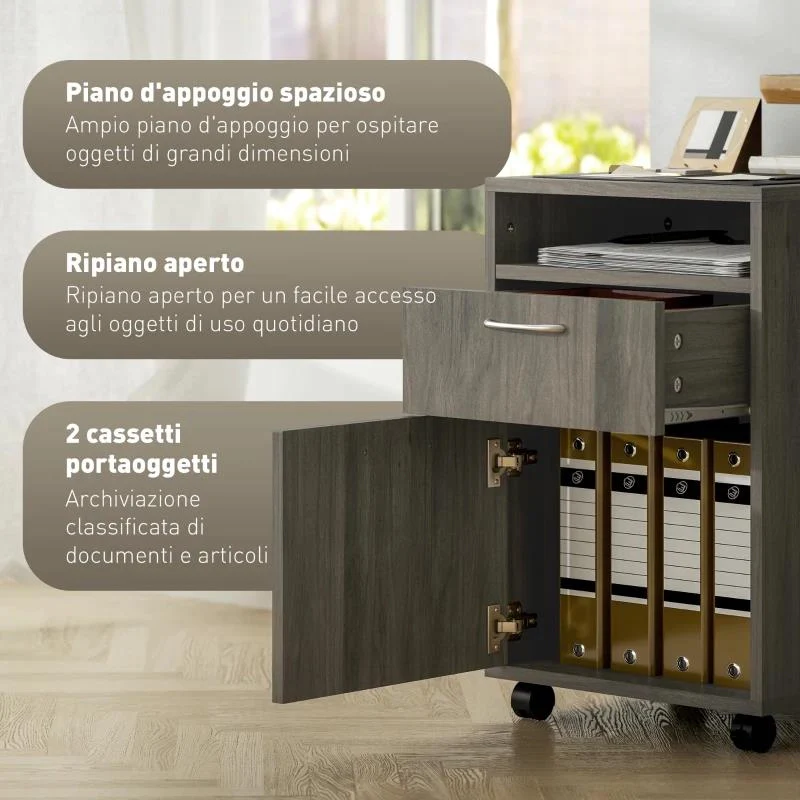 CASSETTIERA PORTADOCUMENTI A 4 RUOTE CON RIPIANO APERTO E CASSETTI, IN LEGNO E METALLO, 40X35X60 CM, GRIGIO - Image 7