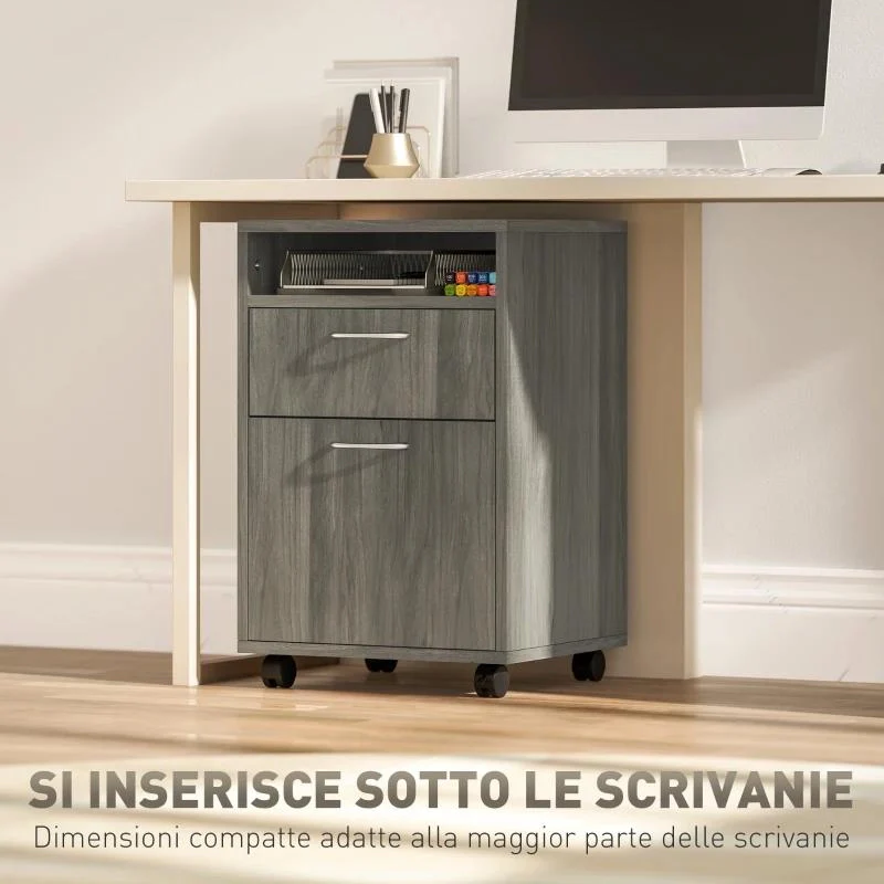CASSETTIERA PORTADOCUMENTI A 4 RUOTE CON RIPIANO APERTO E CASSETTI, IN LEGNO E METALLO, 40X35X60 CM, GRIGIO - Image 8