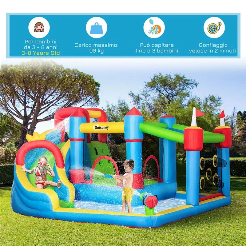 CASTELLO GONFIABILE PER BAMBINI CON SCIVOLO, TRAMPOLINO E PISCINA, 390X300X197CM - Image 5