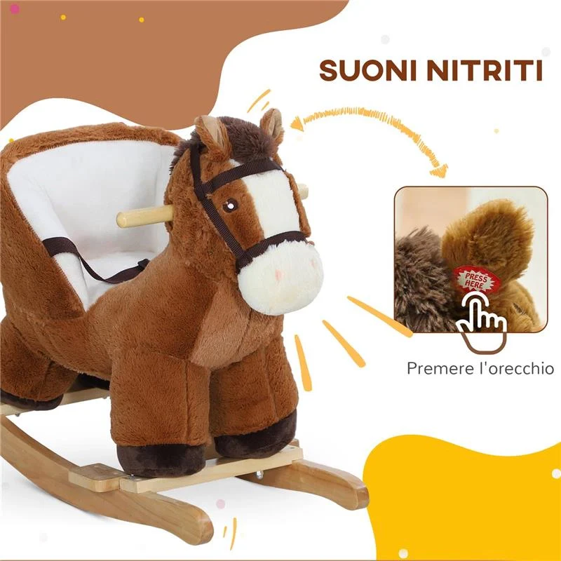 CAVALLO A DONDOLO PER BAMBINI 18-36 MESI CON SUONI BASE IN LEGNO E CINTURA DI SICUREZZA 68X33X45 CM MARRONE - Image 2