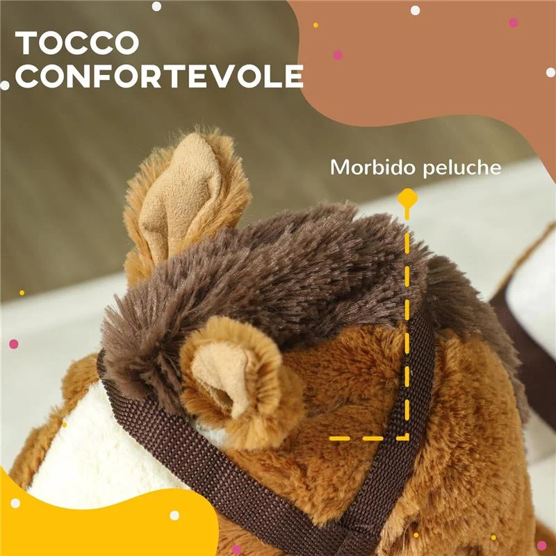 CAVALLO A DONDOLO PER BAMBINI 18-36 MESI CON SUONI BASE IN LEGNO E CINTURA DI SICUREZZA 68X33X45 CM MARRONE - Image 3