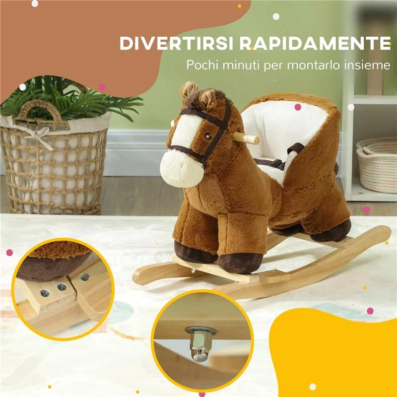 CAVALLO A DONDOLO PER BAMBINI 18-36 MESI CON SUONI BASE IN LEGNO E CINTURA DI SICUREZZA 68X33X45 CM MARRONE - Image 4