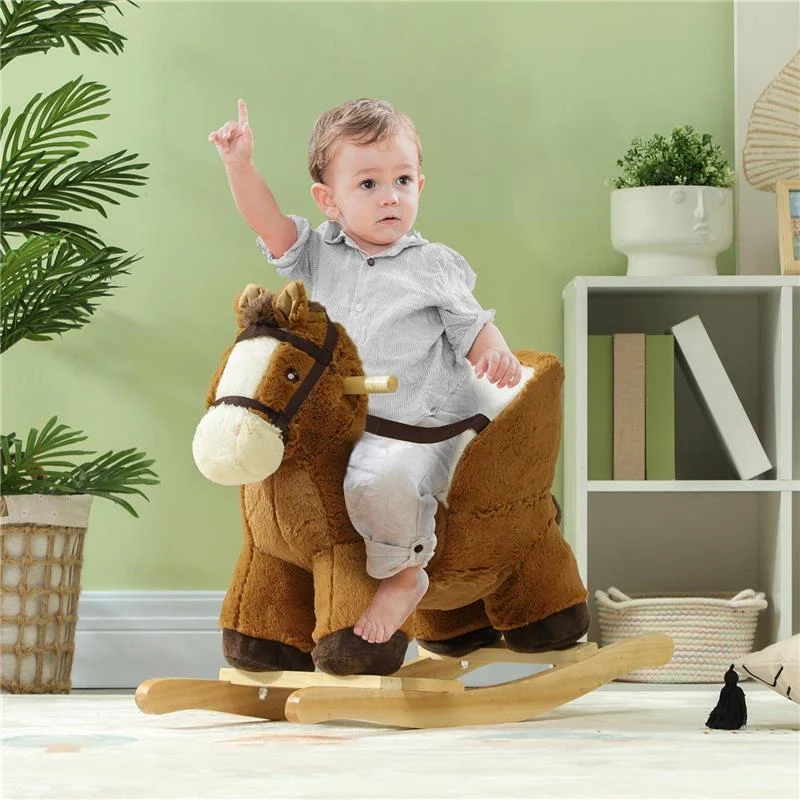 CAVALLO A DONDOLO PER BAMBINI 18-36 MESI CON SUONI BASE IN LEGNO E CINTURA DI SICUREZZA 68X33X45 CM MARRONE - Image 5