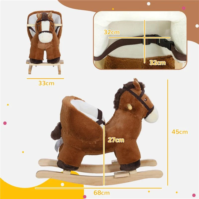 CAVALLO A DONDOLO PER BAMBINI 18-36 MESI CON SUONI BASE IN LEGNO E CINTURA DI SICUREZZA 68X33X45 CM MARRONE - Image 6