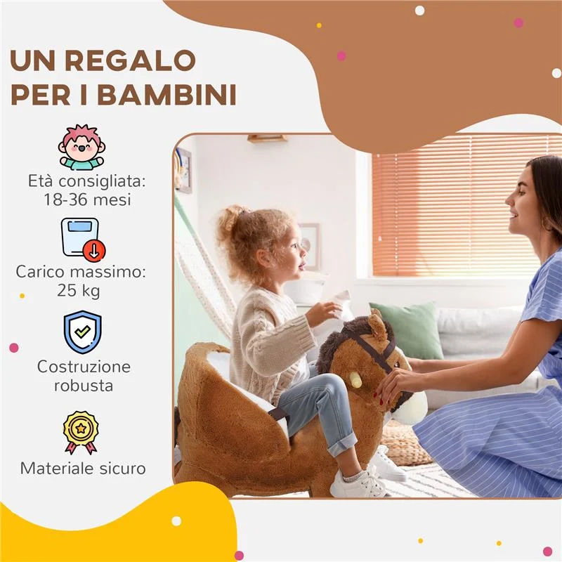 CAVALLO A DONDOLO PER BAMBINI 18-36 MESI CON SUONI BASE IN LEGNO E CINTURA DI SICUREZZA 68X33X45 CM MARRONE - Image 7