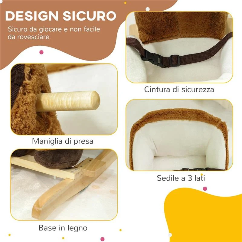 CAVALLO A DONDOLO PER BAMBINI 18-36 MESI CON SUONI BASE IN LEGNO E CINTURA DI SICUREZZA 68X33X45 CM MARRONE - Image 8