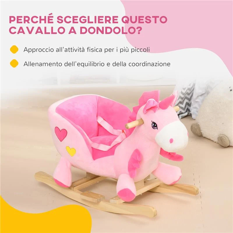 CAVALLO A DONDOLO UNICORNO CON 32 CANZONI, BASE IN LEGNO E CINTURA DI SICUREZZA, ETÀ 18-36 MESI, ROSA - Image 3