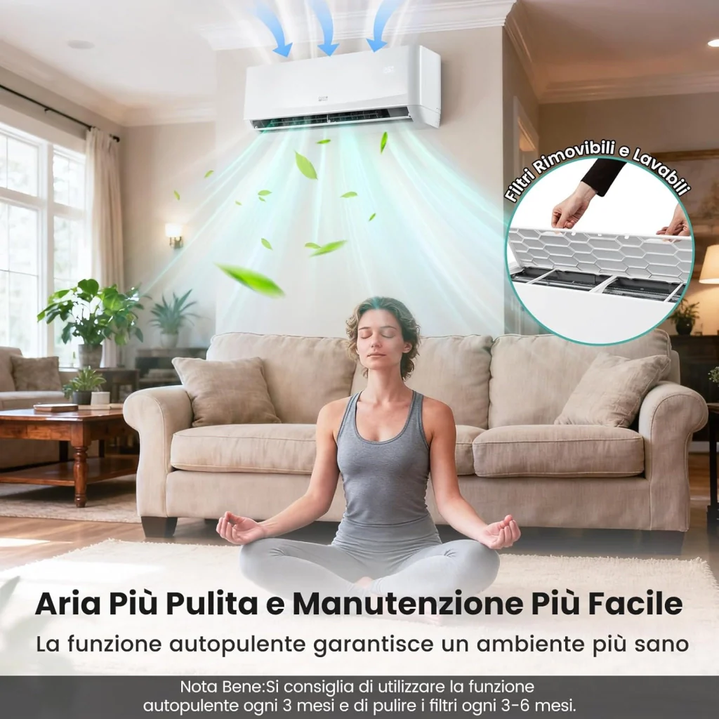 Climatizzatore Monosplit 12000BTU, 3,4kW, con Pompa di Calore, Tecnologia Inverter, Flusso d’aria 4D con 8 Velocità, Funzione di autopulizia e Timer di 24 ore [Classe di efficienza energetica A++] - Image 8