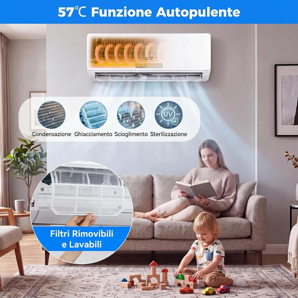 Climatizzatore Monosplit Inverter, R32, A++, Silenzionso 19 dB, A++, Raffrescamento, Riscaldamento, Deumidificazione, Ventola, Timer, WiFi, Telecomando, Autopulizia (9000, BTU) [Classe di efficienza energetica A++] - Image 3
