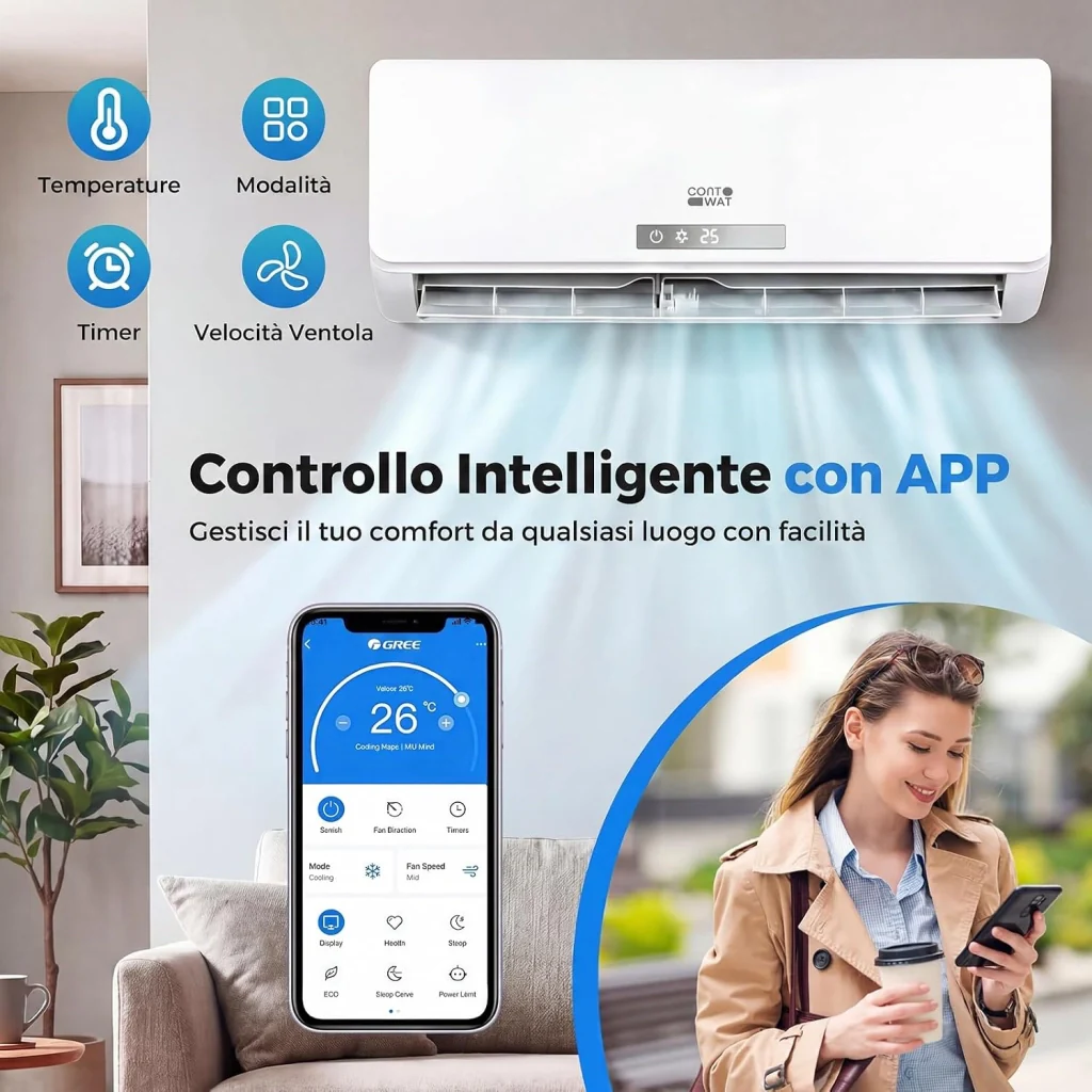 Climatizzatore Monosplit Inverter, R32, A++, Silenzionso 19 dB, A++, Raffrescamento, Riscaldamento, Deumidificazione, Ventola, Timer, WiFi, Telecomando, Autopulizia (9000, BTU) [Classe di efficienza energetica A++] - Image 5