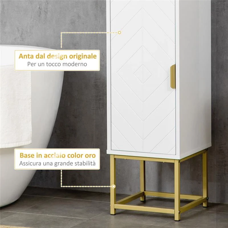 COLONNA BAGNO CON 2 ARMADIETTI E RIPIANO IN MDF E ACCIAIO, 30X30X170.7CM, BIANCO E ORO - Image 6