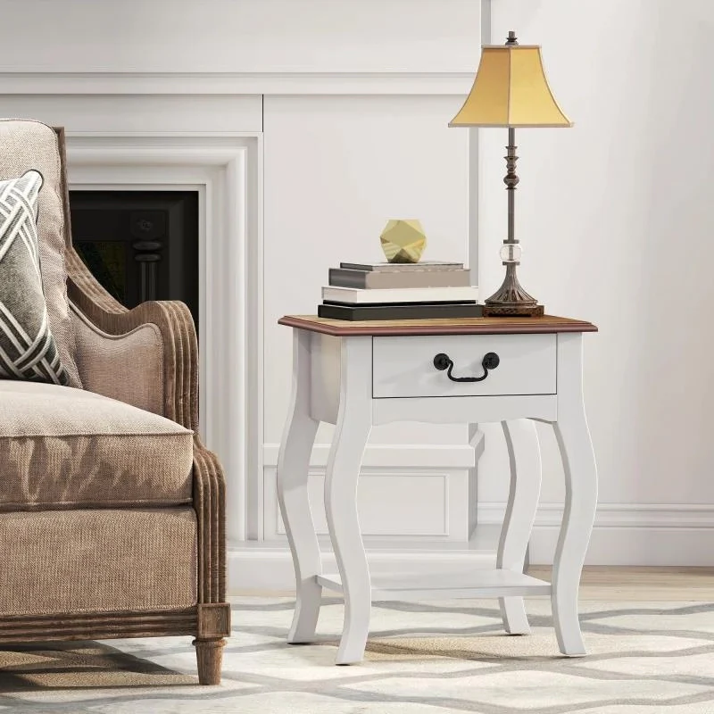 COMODINO CON CASSETTO E RIPIANO APERTO IN STILE FRANCESE IN LEGNO, 45X35X55 CM, BIANCO E ROVERE