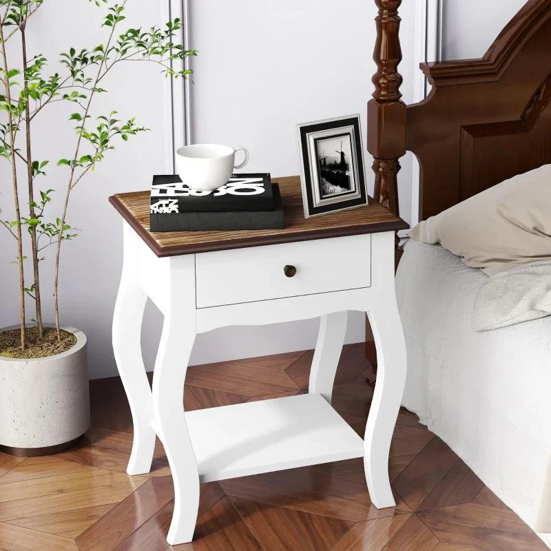 COMODINO CON CASSETTO E RIPIANO APERTO IN STILE FRANCESE IN LEGNO, 45X35X55 CM, BIANCO E ROVERE - Image 2