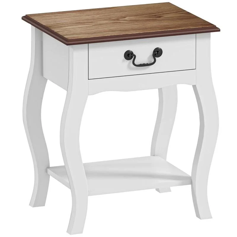COMODINO CON CASSETTO E RIPIANO APERTO IN STILE FRANCESE IN LEGNO, 45X35X55 CM, BIANCO E ROVERE - Image 3