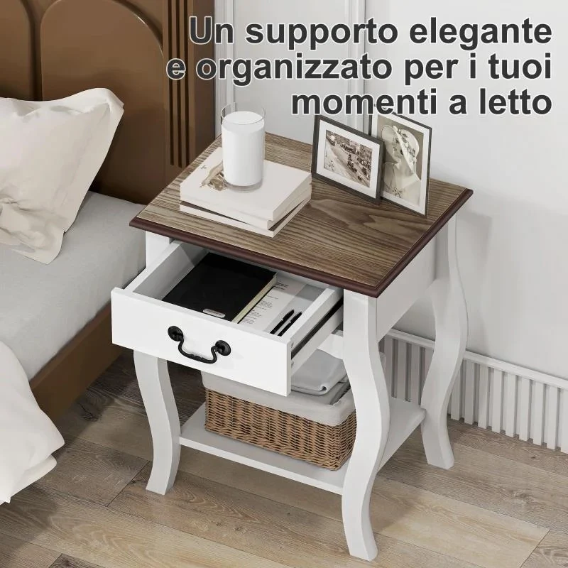 COMODINO CON CASSETTO E RIPIANO APERTO IN STILE FRANCESE IN LEGNO, 45X35X55 CM, BIANCO E ROVERE - Image 4