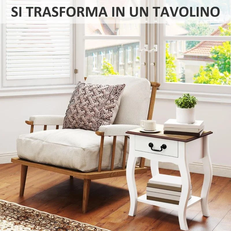 COMODINO CON CASSETTO E RIPIANO APERTO IN STILE FRANCESE IN LEGNO, 45X35X55 CM, BIANCO E ROVERE - Image 5