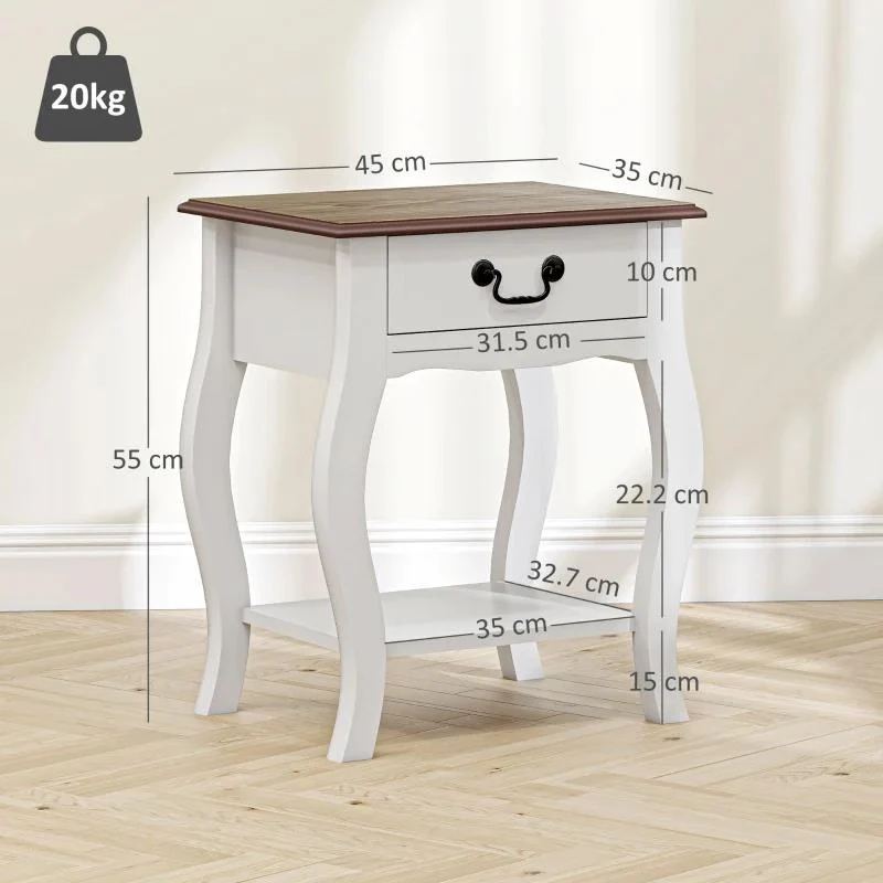COMODINO CON CASSETTO E RIPIANO APERTO IN STILE FRANCESE IN LEGNO, 45X35X55 CM, BIANCO E ROVERE - Image 7
