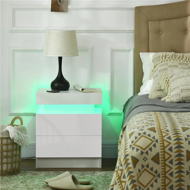 COMODINO CON LUCE LED RGB E 2 CASSETTI, 4 MODALITÀ DI LUCE E 16 COLORI, 45X35X52CM, BIANCO - Image 2