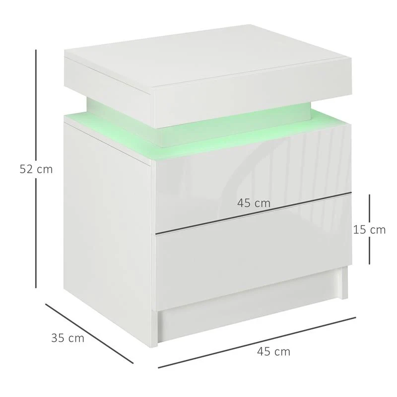 COMODINO CON LUCE LED RGB E 2 CASSETTI, 4 MODALITÀ DI LUCE E 16 COLORI, 45X35X52CM, BIANCO - Image 6