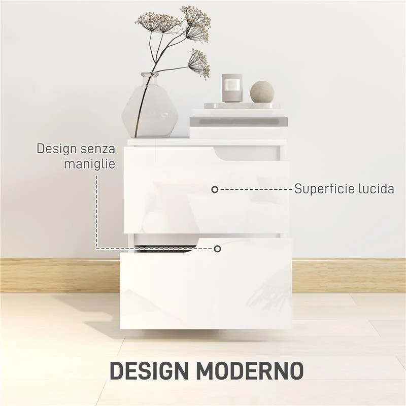 COMODINO MODERNO IN LEGNO CON 2 CASSETTI E DESIGN LUCIDO 40X40X48 CM BIANCO - Image 6