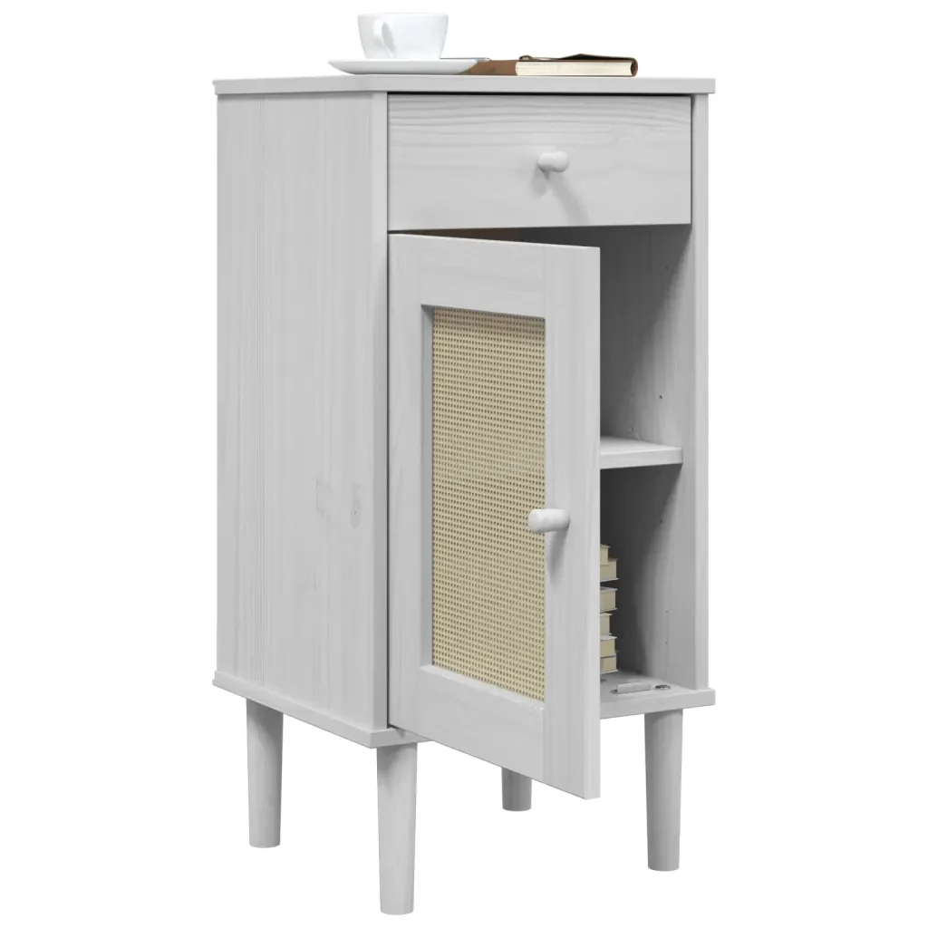 Comodino SENJA Aspetto Rattan Bianco 40x35x80 cm in Legno Pino 358017 - Image 4