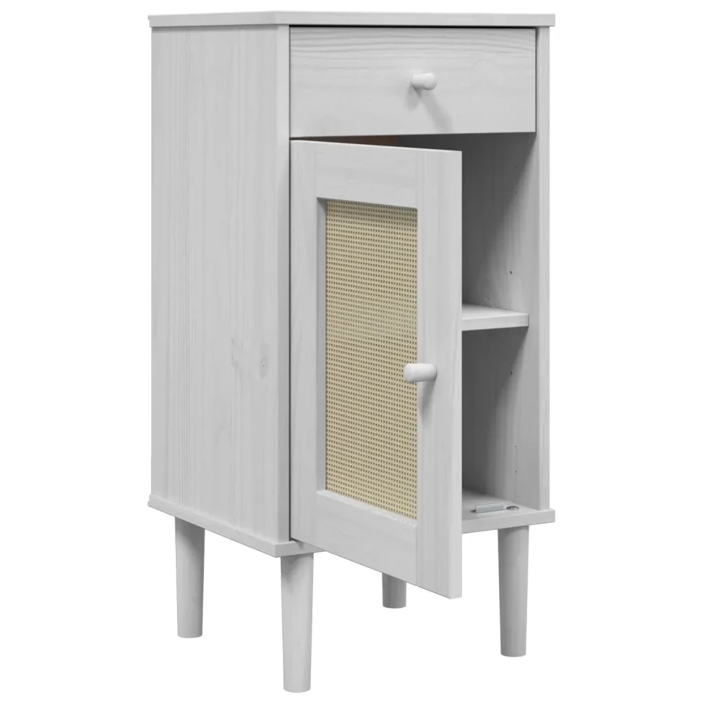 Comodino SENJA Aspetto Rattan Bianco 40x35x80 cm in Legno Pino 358017 - Image 6