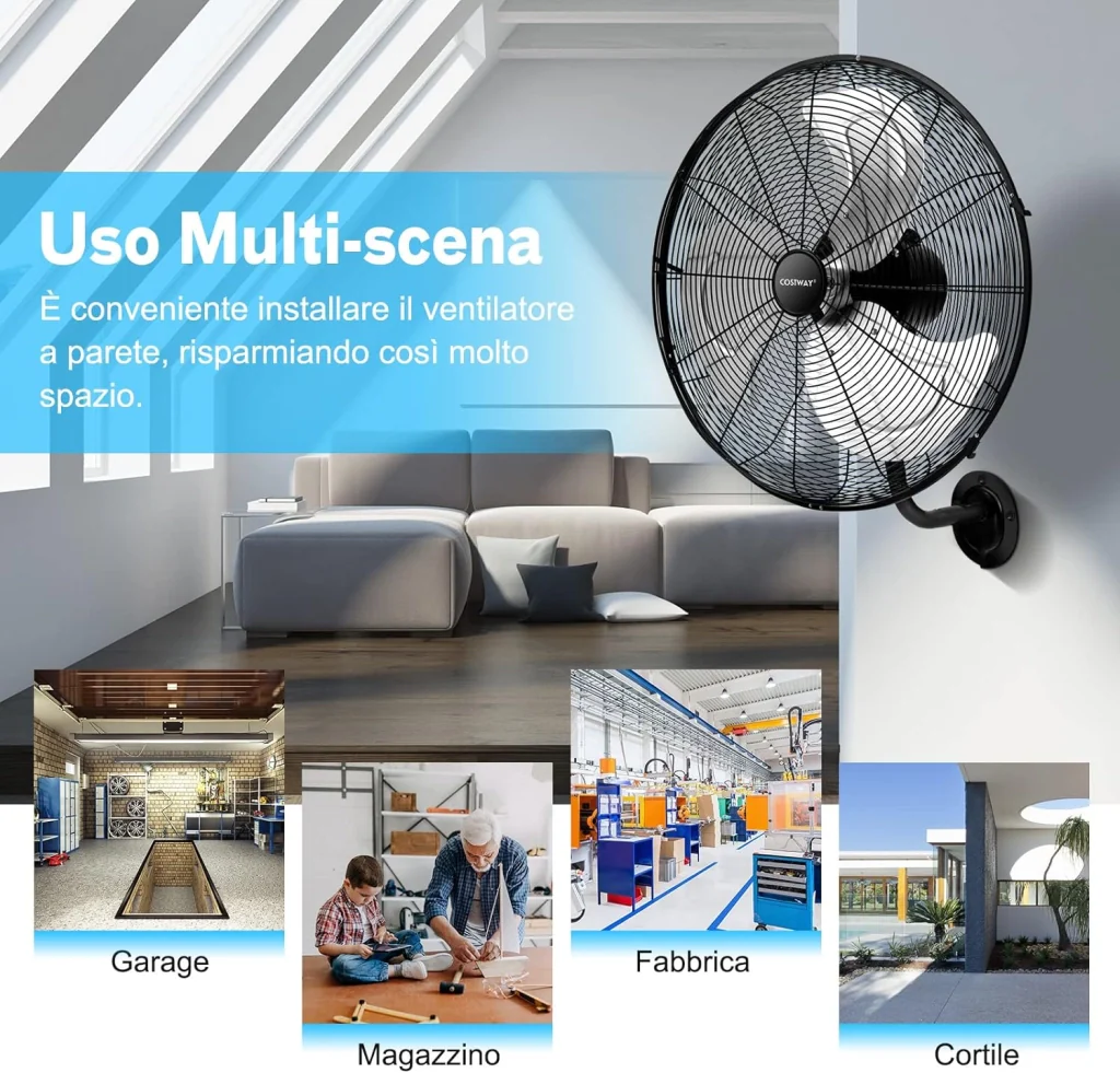 Ventilatore da Parete Girevole a 3 Velocità, Industriale e Silenzioso ad Alta Velocità con Pale in Alluminio, Potenza 120W, Diametro 51 cm (Nero) - Image 8