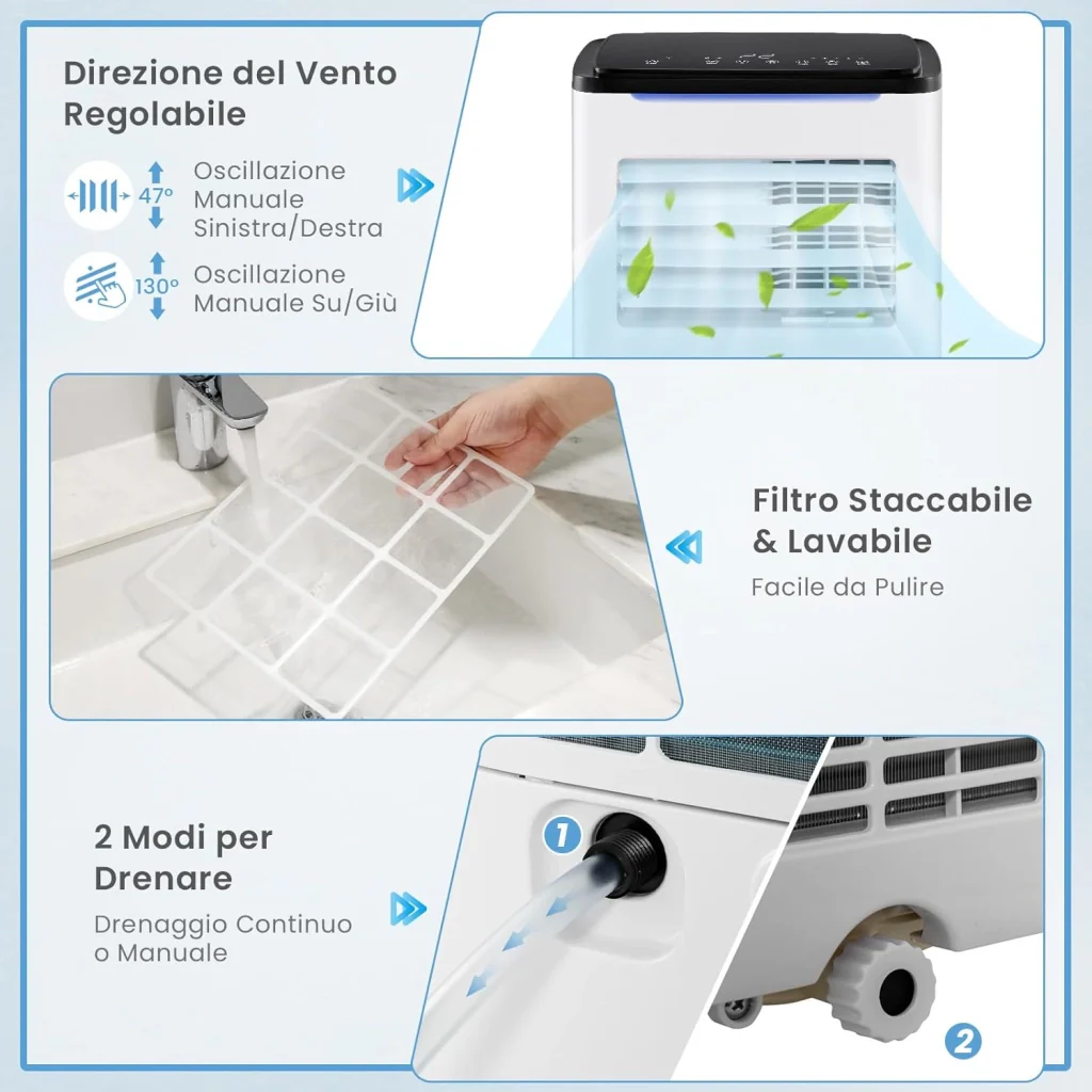 Condizionatore Portatile Caldo e Freddo, 9000BTU/2,6 kW, 5 in 1 con Raffreddamento, Riscaldamento, Ventola, Deumidificazione e Modalità Sonno, 24H Timer, R290 - Image 4