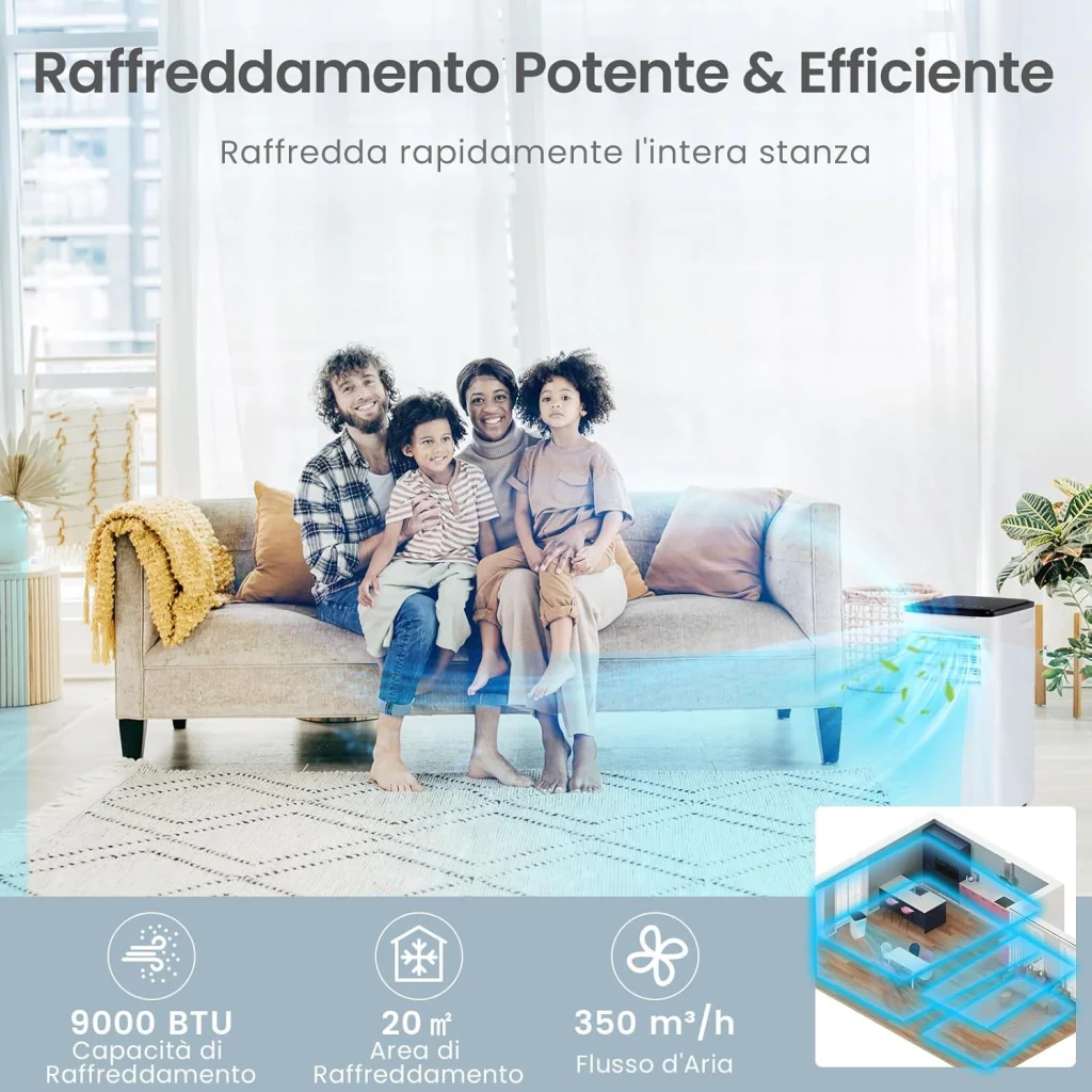 Condizionatore Portatile Caldo e Freddo, 9000BTU/2,6 kW, 5 in 1 con Raffreddamento, Riscaldamento, Ventola, Deumidificazione e Modalità Sonno, 24H Timer, R290 - Image 5