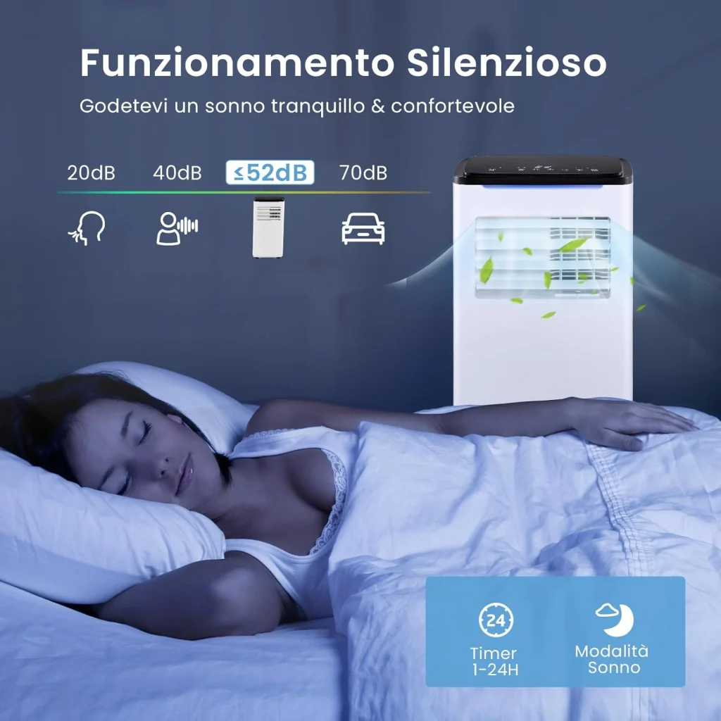Condizionatore Portatile Caldo e Freddo, 9000BTU/2,6 kW, 5 in 1 con Raffreddamento, Riscaldamento, Ventola, Deumidificazione e Modalità Sonno, 24H Timer, R290 - Image 6