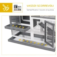 Conigliera in Legno con Ruote, Vassoi Estraibili e Casetta con Rampa, 110x50x88 cm, Grigio e Bianco - Image 6