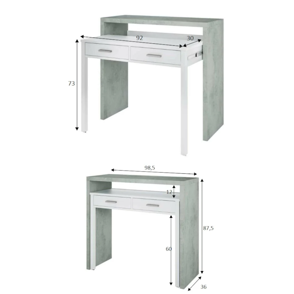 Consolle Andriy, Scrivania con piano estensibile, Scrittoio porta PC con 2 cassetti, cm 99x36h88, Cemento e Bianco - Image 3