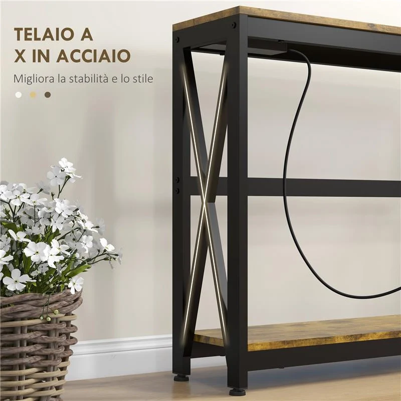 CONSOLLE DA INGRESSO STILE INDUSTRIALE CON PRESE DI CORRENTE E USB, LEGNO E ACCIAIO, 100X24X75CM, MARRONE - Image 10