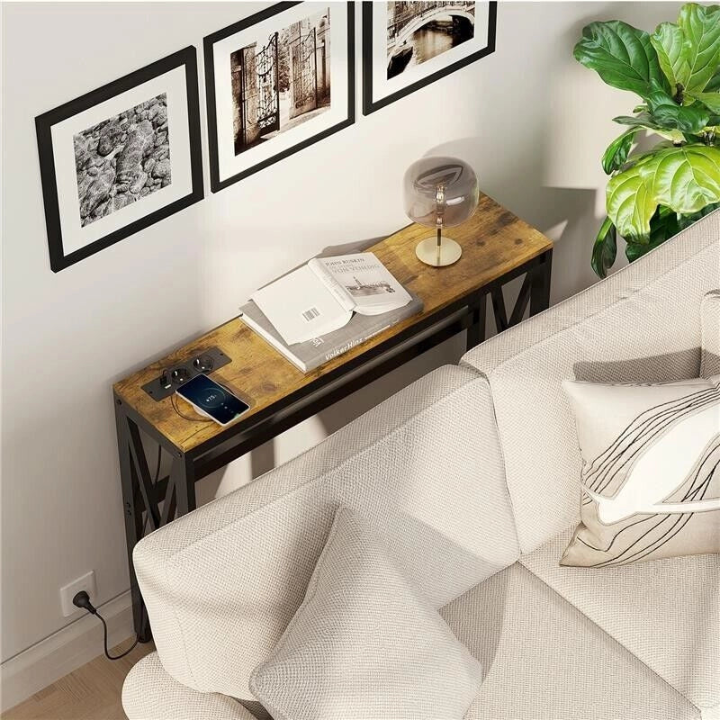 CONSOLLE DA INGRESSO STILE INDUSTRIALE CON PRESE DI CORRENTE E USB, LEGNO E ACCIAIO, 100X24X75CM, MARRONE - Image 5