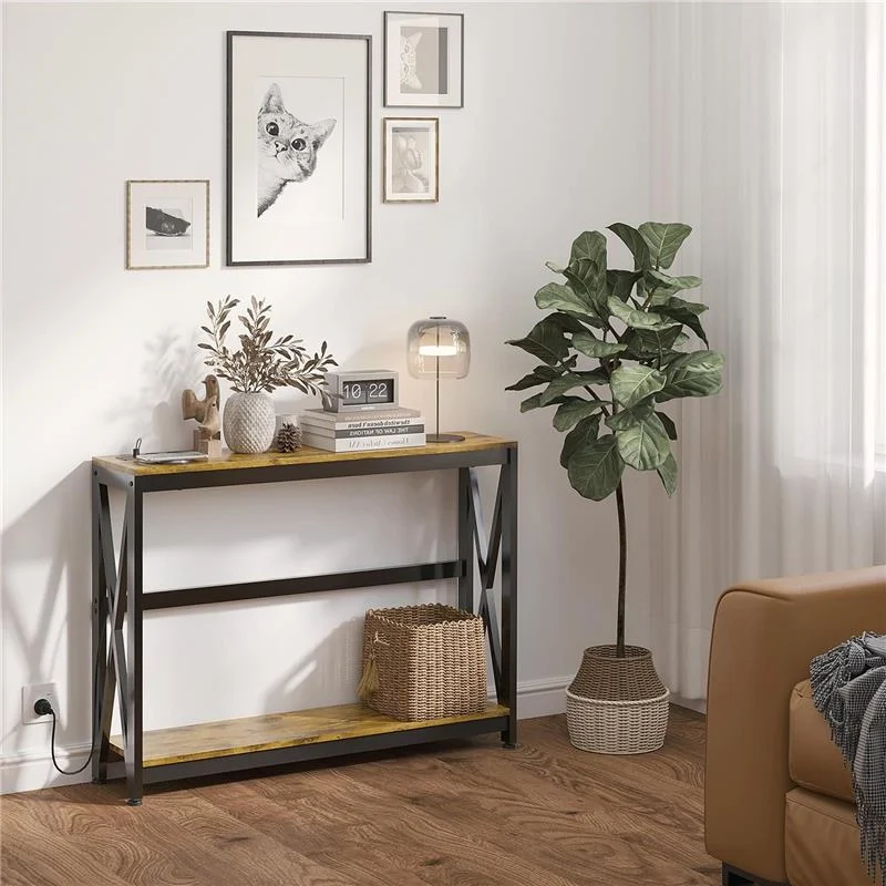 CONSOLLE DA INGRESSO STILE INDUSTRIALE CON PRESE DI CORRENTE E USB, LEGNO E ACCIAIO, 100X24X75CM, MARRONE - Image 8