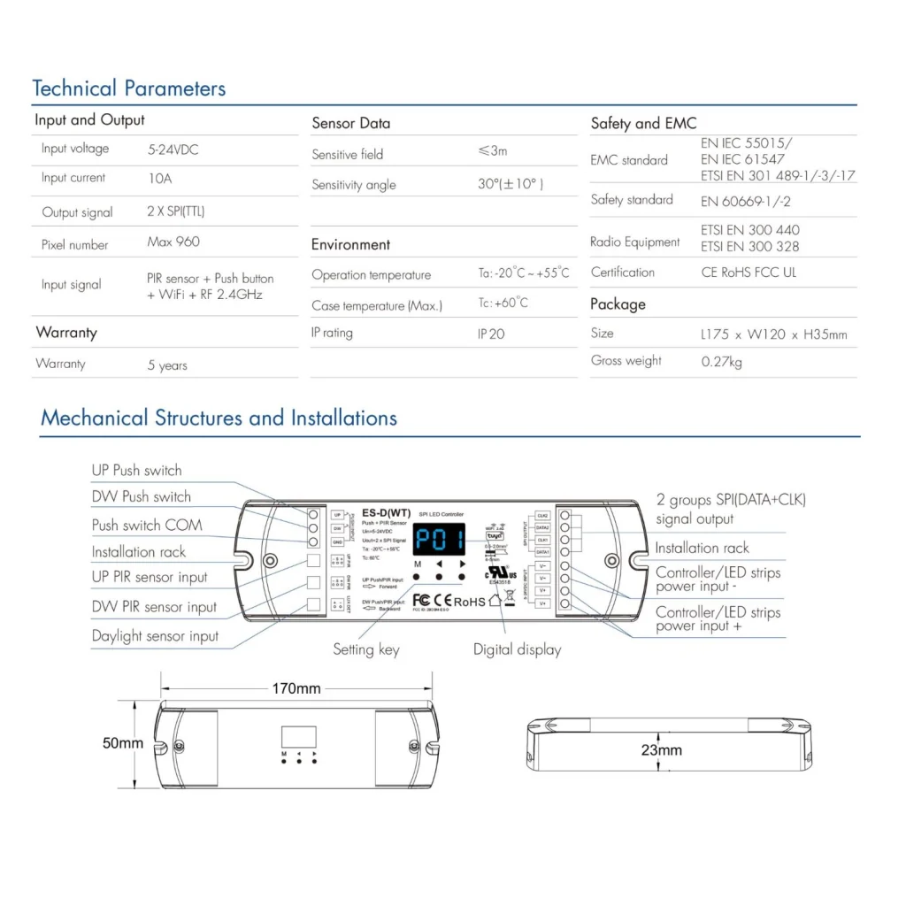Controller Dimmer SPI Con Push Pulsante, Tuya WIFI, RF 2.4G, Sensore PIR, 5-24V 10A, 960 Pixel, Per Striscia Led Running - Image 3