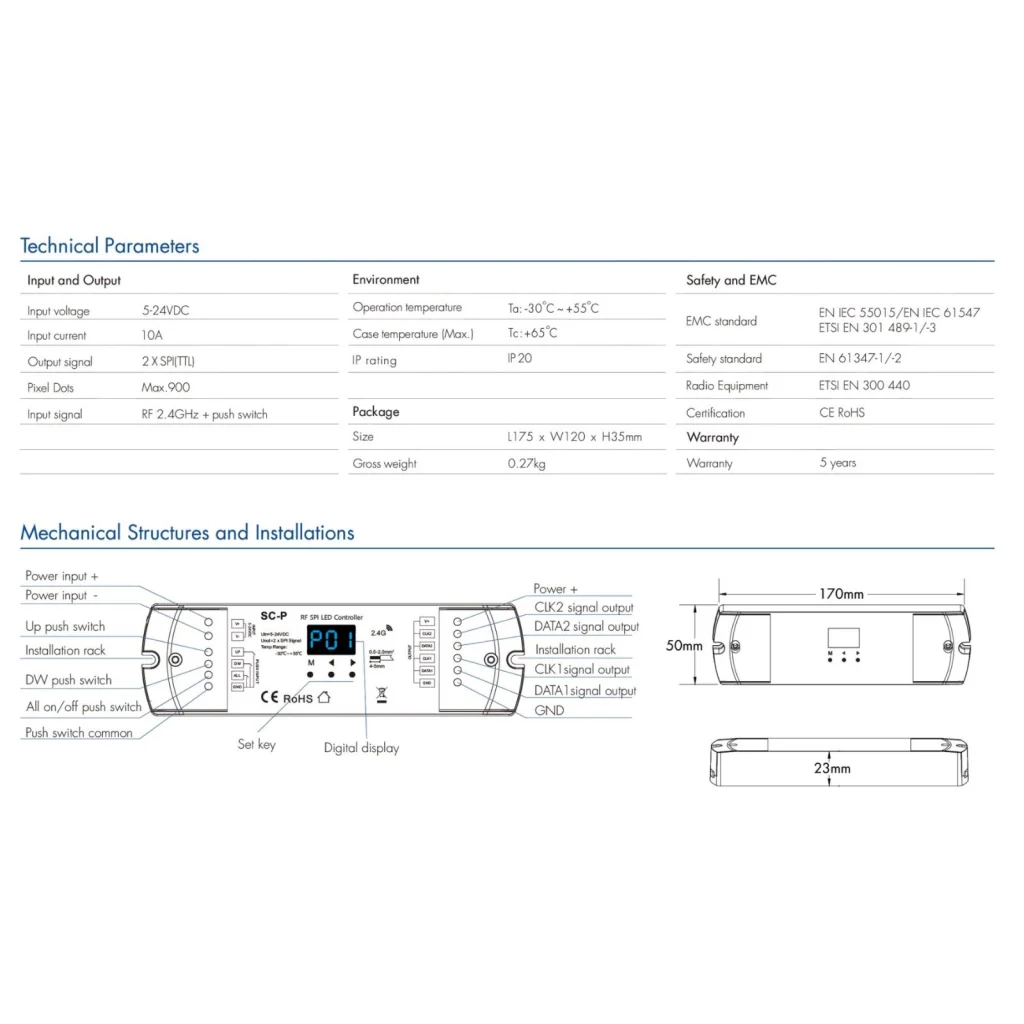 Controller SPI per Strisce LED Running Scale, RF 2.4GHz, 3 Push Pulsanti, 5-24V DC - Image 3