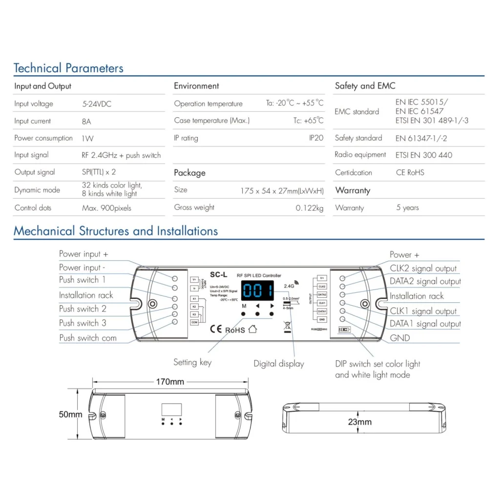 Controller SPI RF 2.4GHz per Strisce LED Digitali, 3 Push Pulsanti, 5-24V DC - Image 3