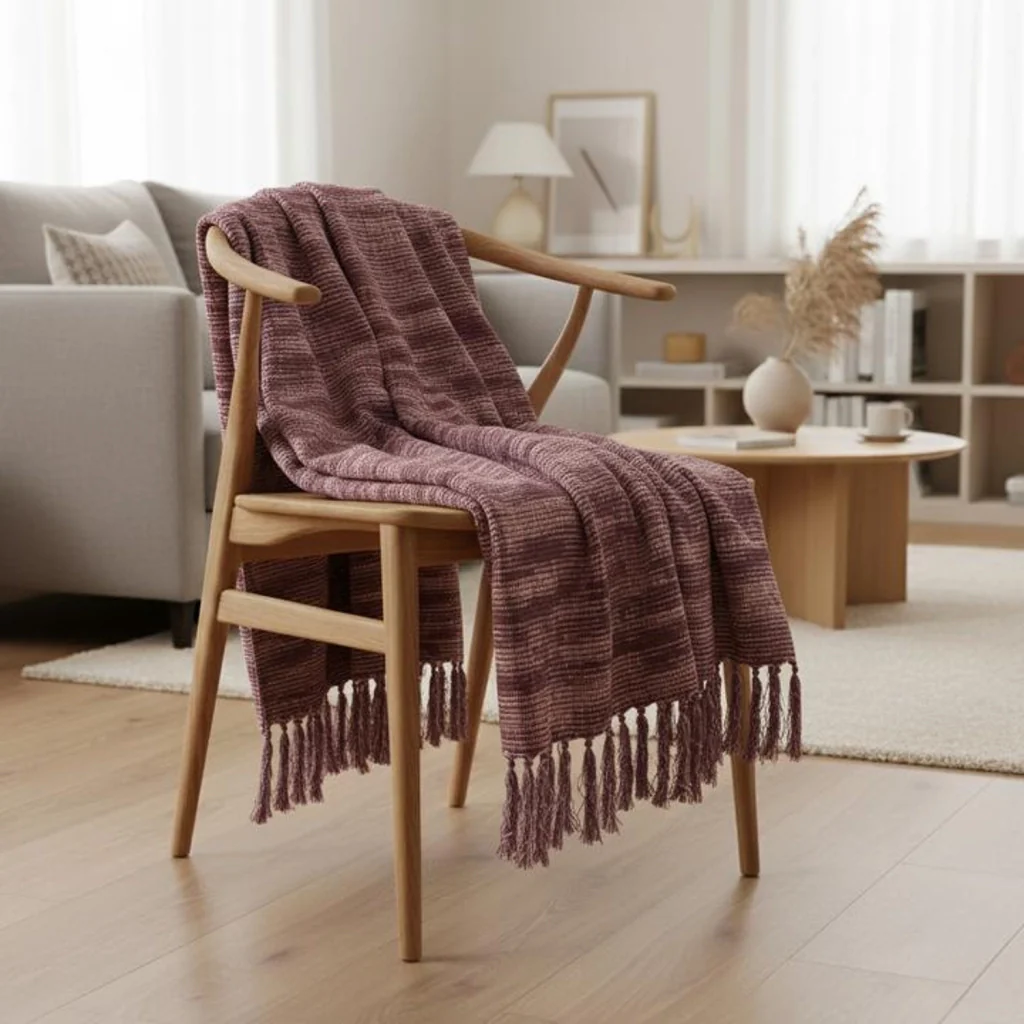 Coperta a quadri prugna con frange 130x170cm ANEVIK - Image 2