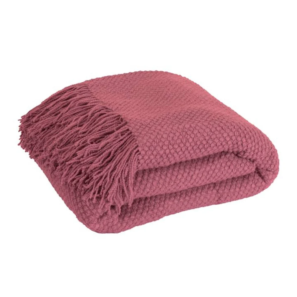 Coperta plaid rosa lampone testurizzata a nido d'ape e frangiata 180x220 cm - Image 4
