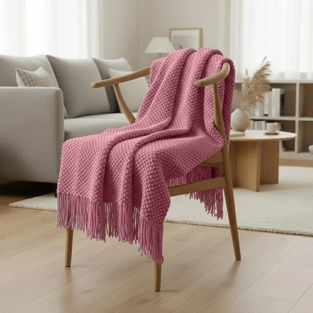 Coperta plaid rosa lampone testurizzata a nido d'ape e frangiata 180x220 cm - Image 7