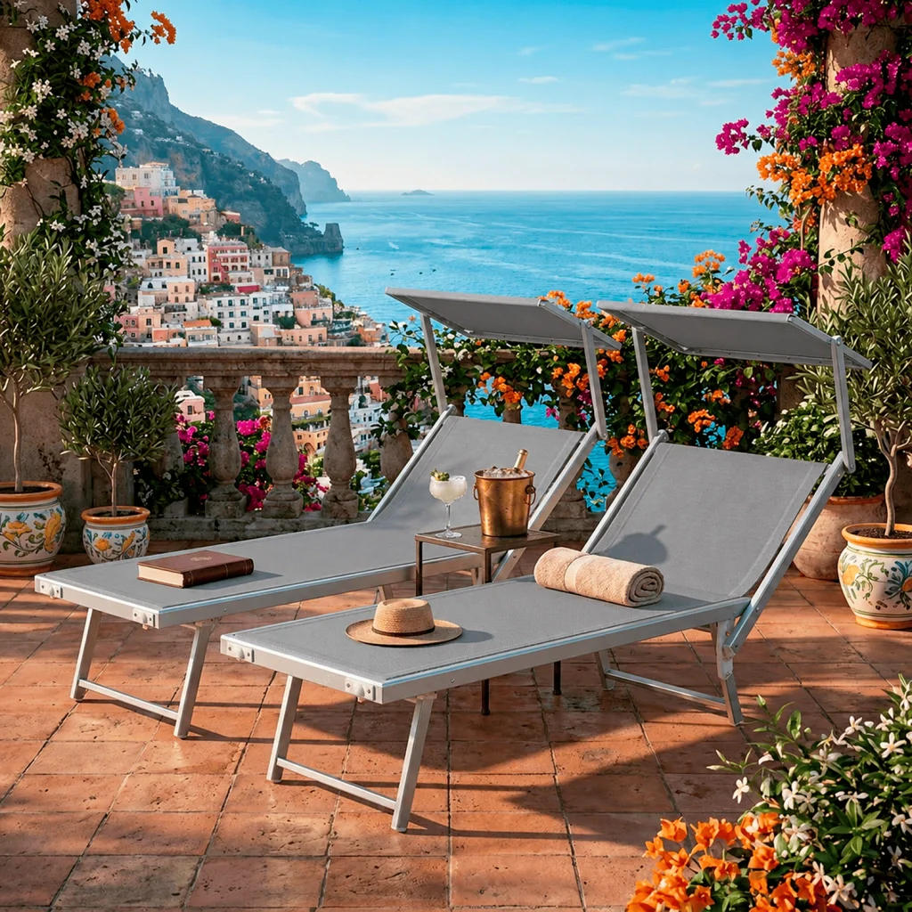 Coppia Di Lettini Grigio Prendisole Pieghevole Professionale In Alluminio Tettuccio Orientabile Tettino Parasole Sdraio Lettino Prendi Sole Mare Spiaggia Piscina Giardino 182 x 60 x 38 cm - Image 3